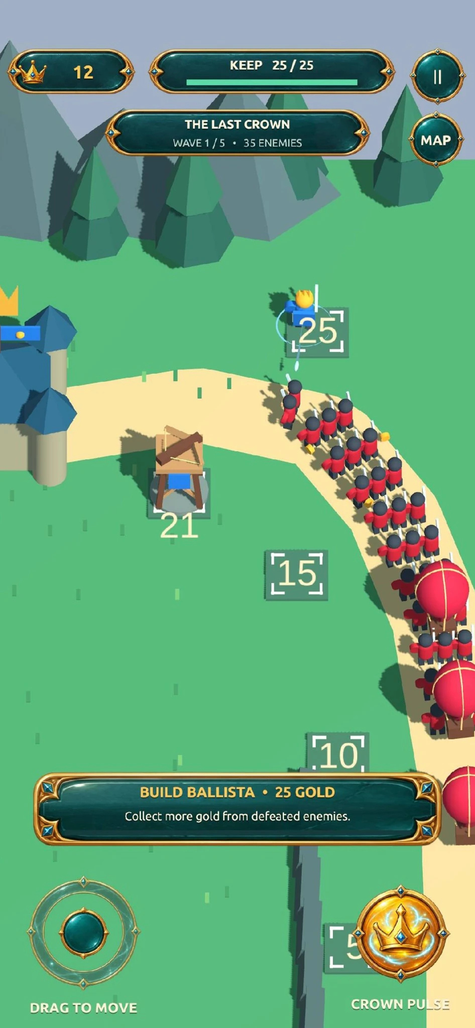 The crowned defender beside a 25-gold ballista build location while red troops approach the keep